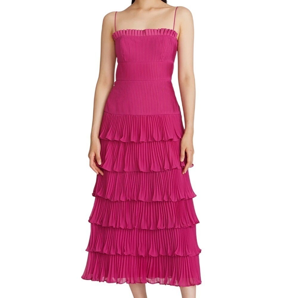 AMUR Viola Pleated Tiered Midi Dress Magenta Pink NWT Size 4